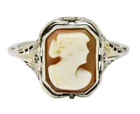 1929 Art Deco Onyx Shell Cameo 14 Karat White Gold Date Flip Ring