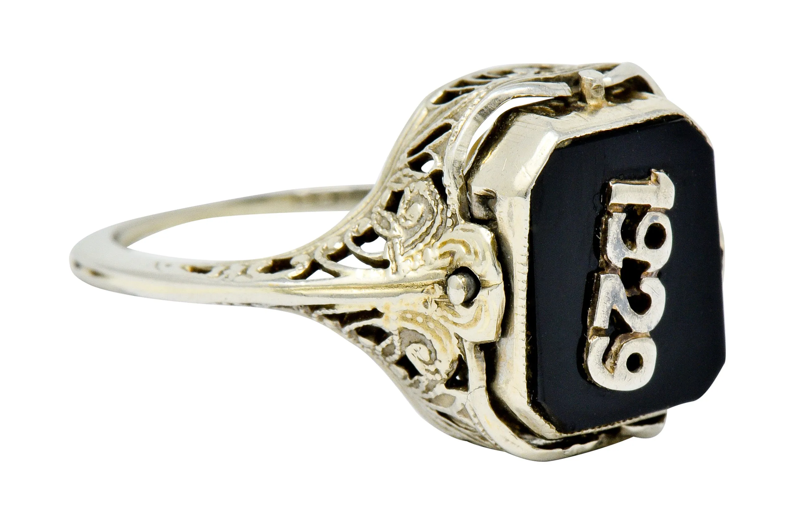 1929 Art Deco Onyx Shell Cameo 14 Karat White Gold Date Flip Ring