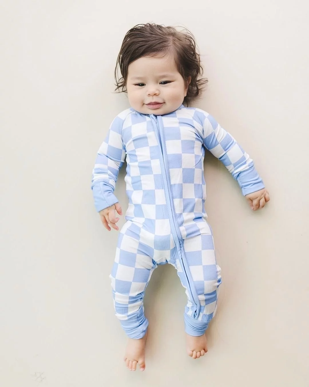 Bamboo Zip Romper | Blue Checkered