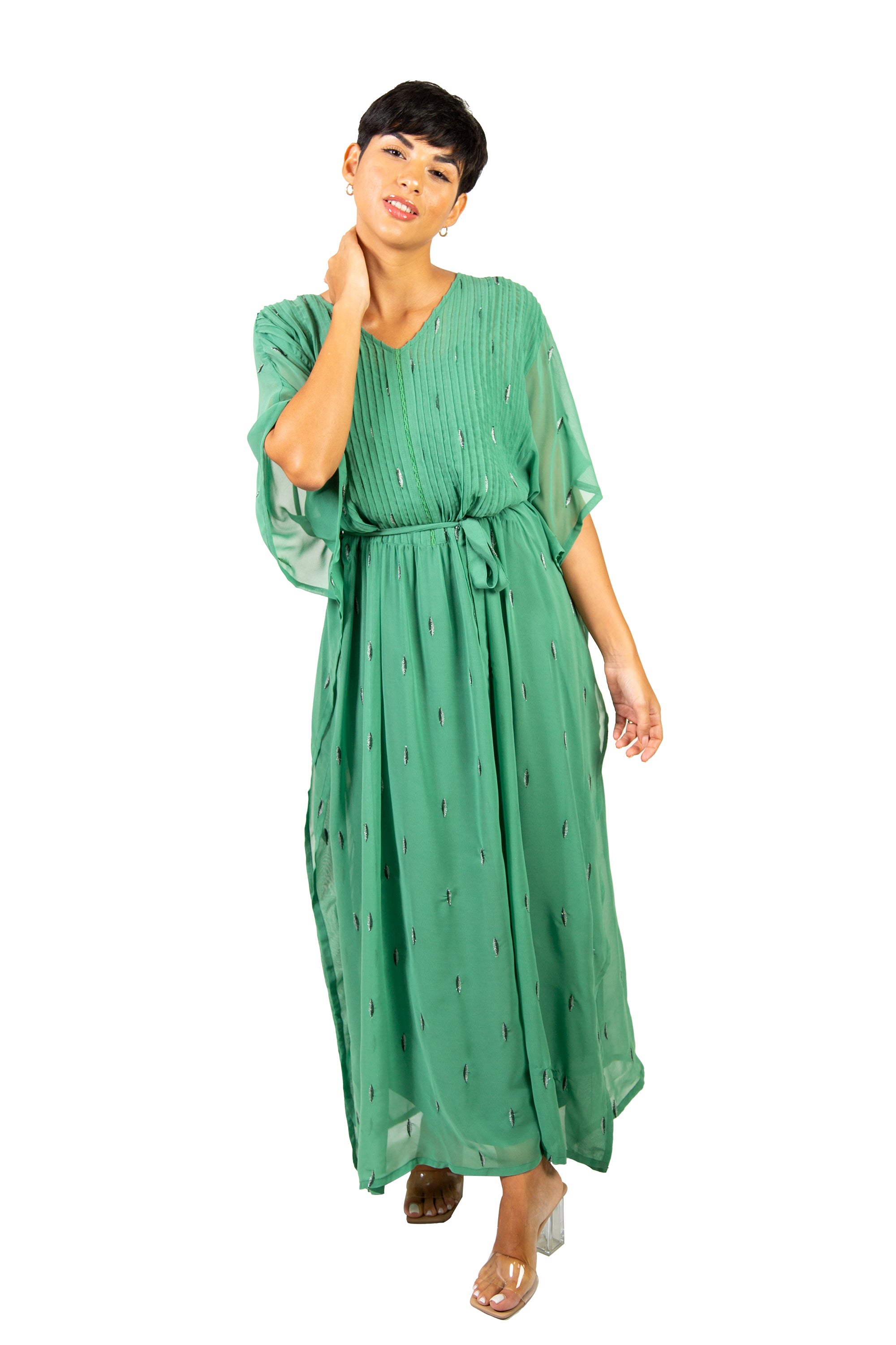 Belted V-Neck Kaftan Dress