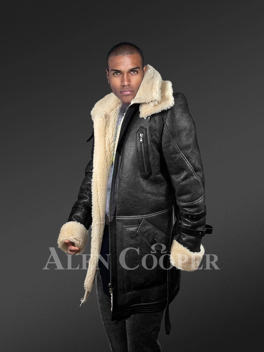 Black Shearling Coat for Men