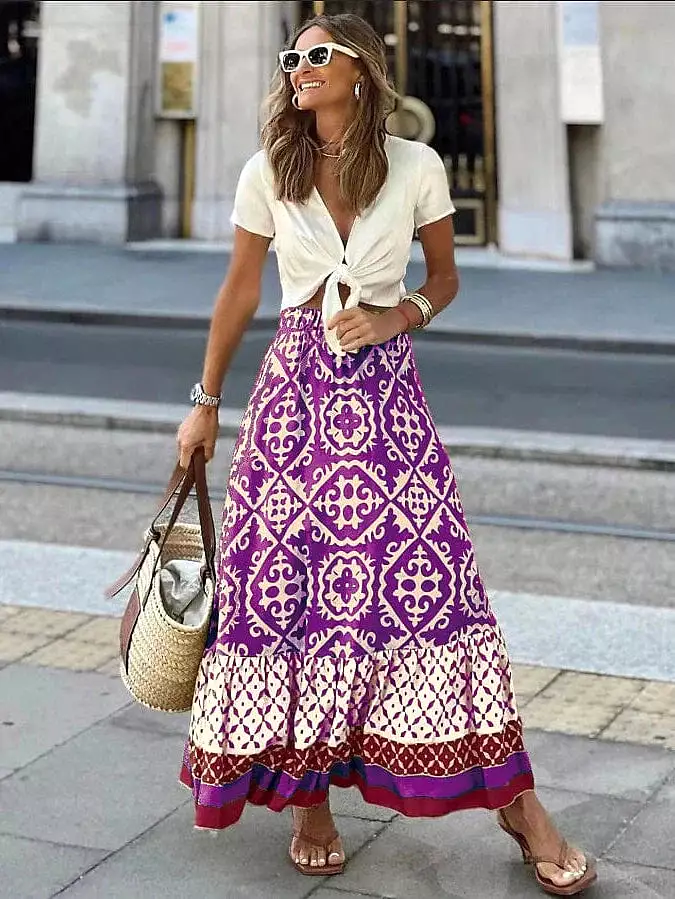 Boho Ruffle Print Asymmetrical Maxi Skirt for Women