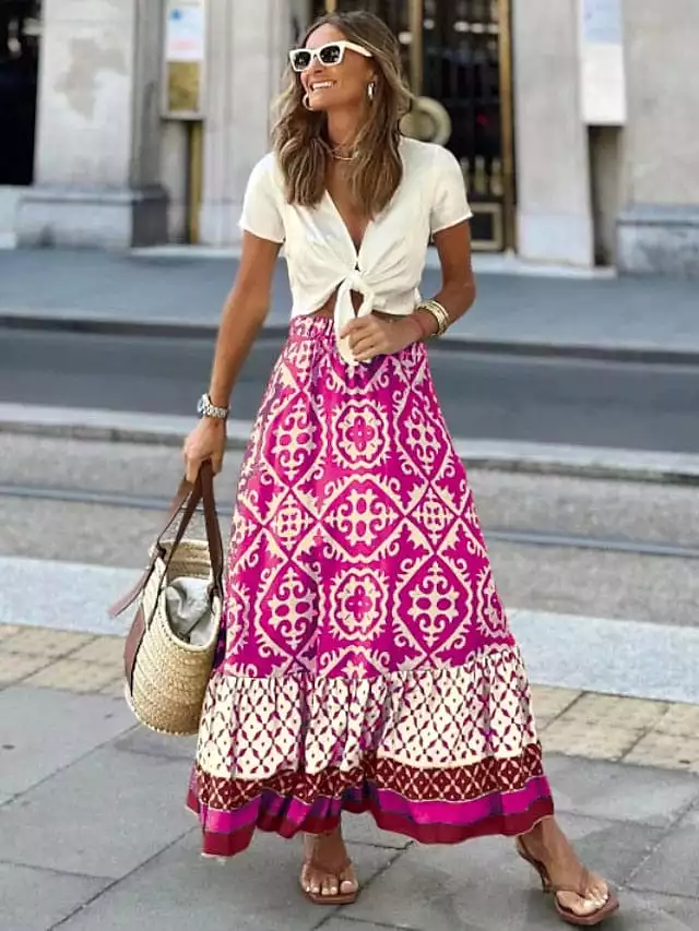 Boho Ruffle Print Asymmetrical Maxi Skirt for Women