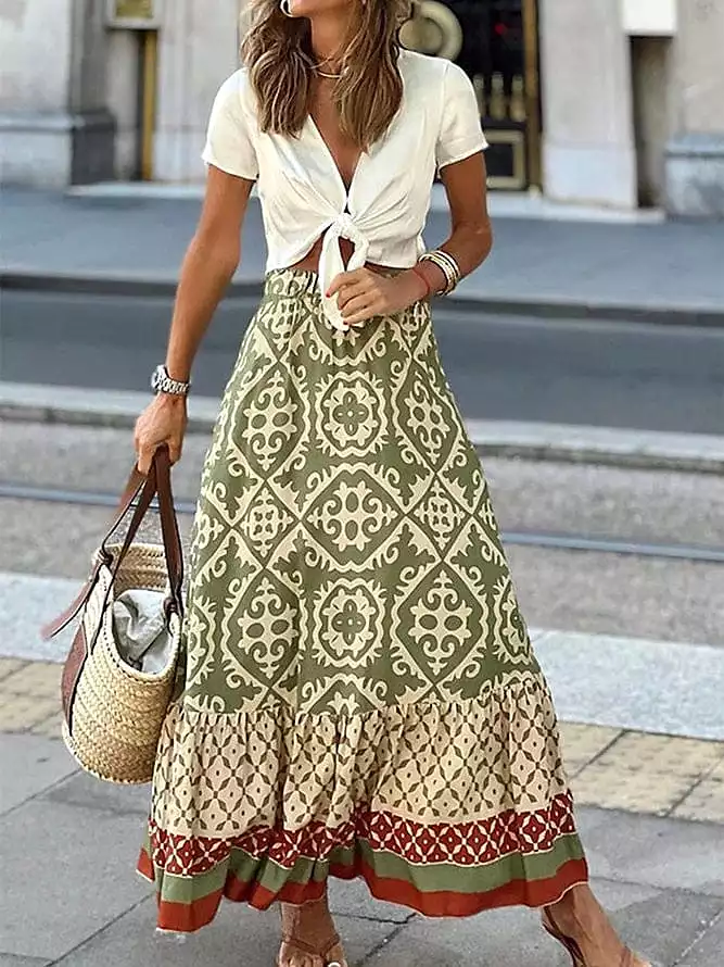 Boho Ruffle Print Asymmetrical Maxi Skirt for Women