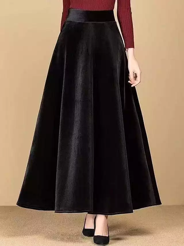 Elegant Black Gold Velvet Maxi Skirt with Pockets