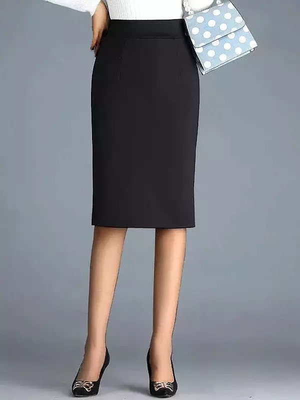 Elegant Black Midi Bodycon Work Skirt with Split Ends