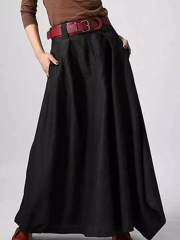 Elegant Velvet Work Skirt with Pockets - Black, Red, Gray - Sizes S, M, L