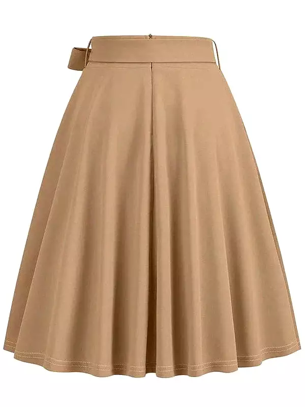 Elegant Vintage High Waist Swing Midi Skirt with Pockets and Belt