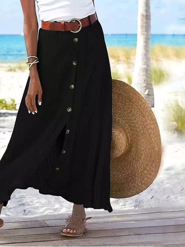 Elegant Women's Linen Maxi Button-Up Skirt - Black, White, Navy Blue, and Orange - S to 5XL