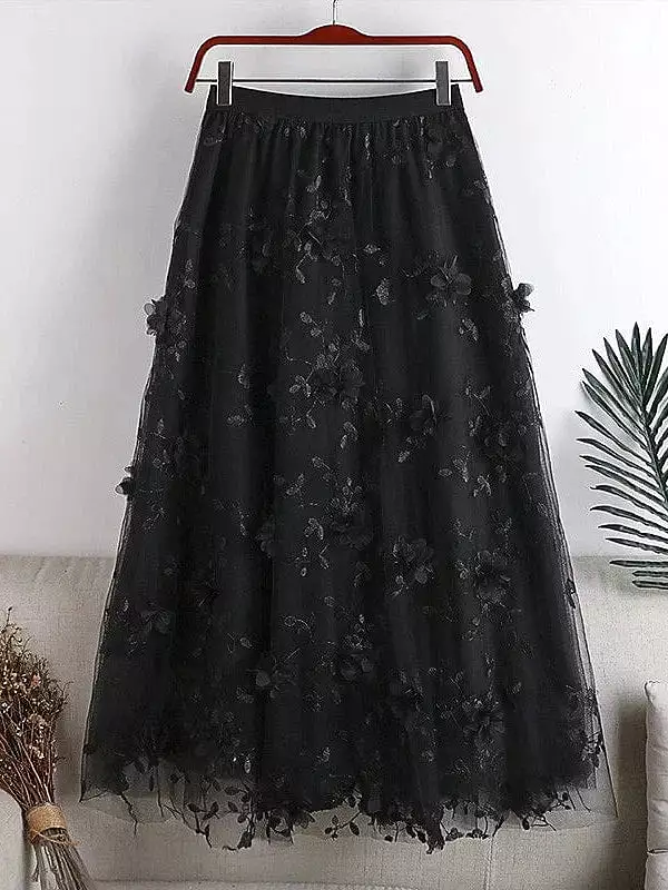 Floral Embroidered Maxi Skirt for Women - One-Size Elegant and Versatile Midi Skirt