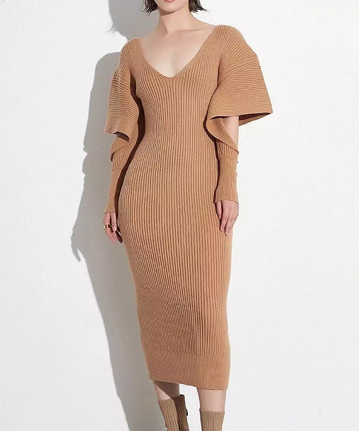 Frill Open Sleeve Midi Knit Dress