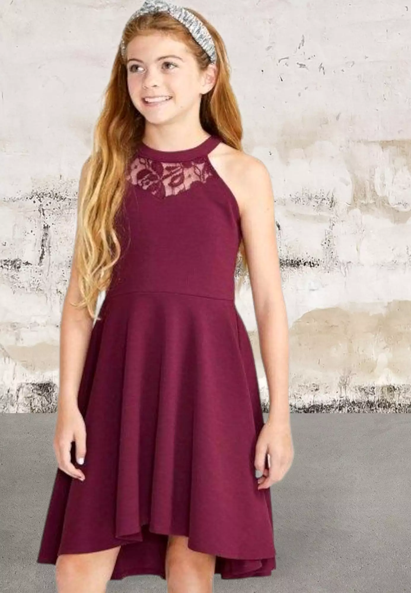 Girls sleeveless lace front knit dress