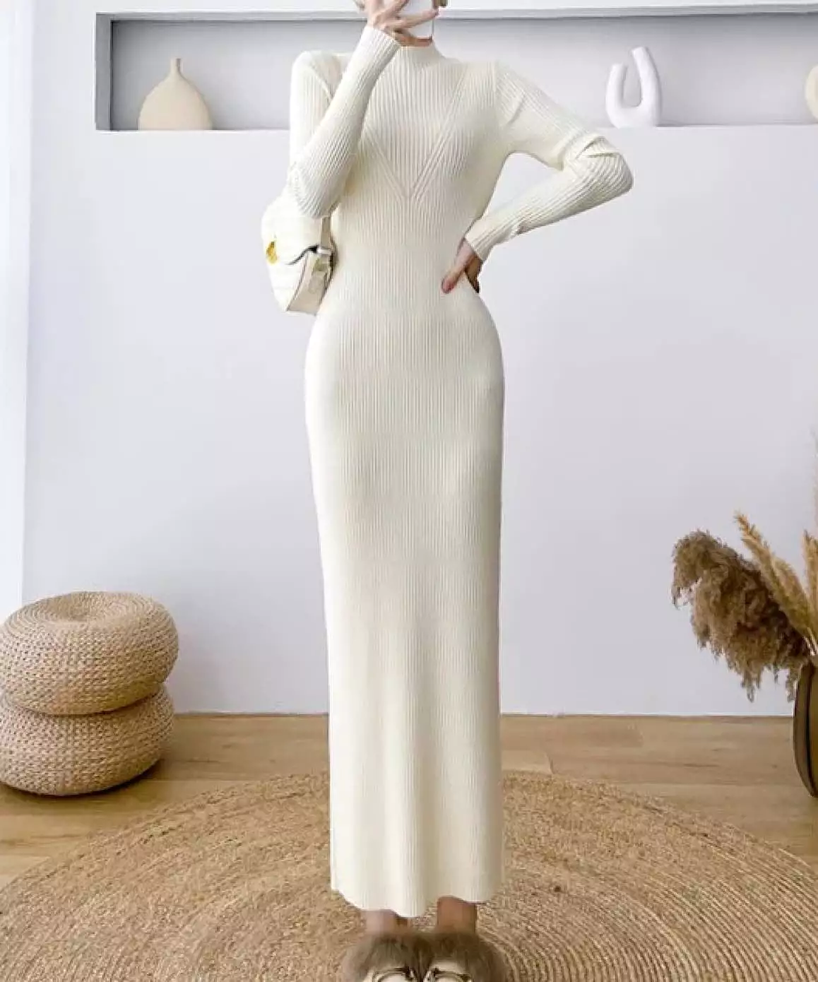 High Neck Knitted Maxi Slim Dress