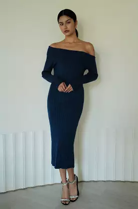 Highlight off shoulder knit dress in blue