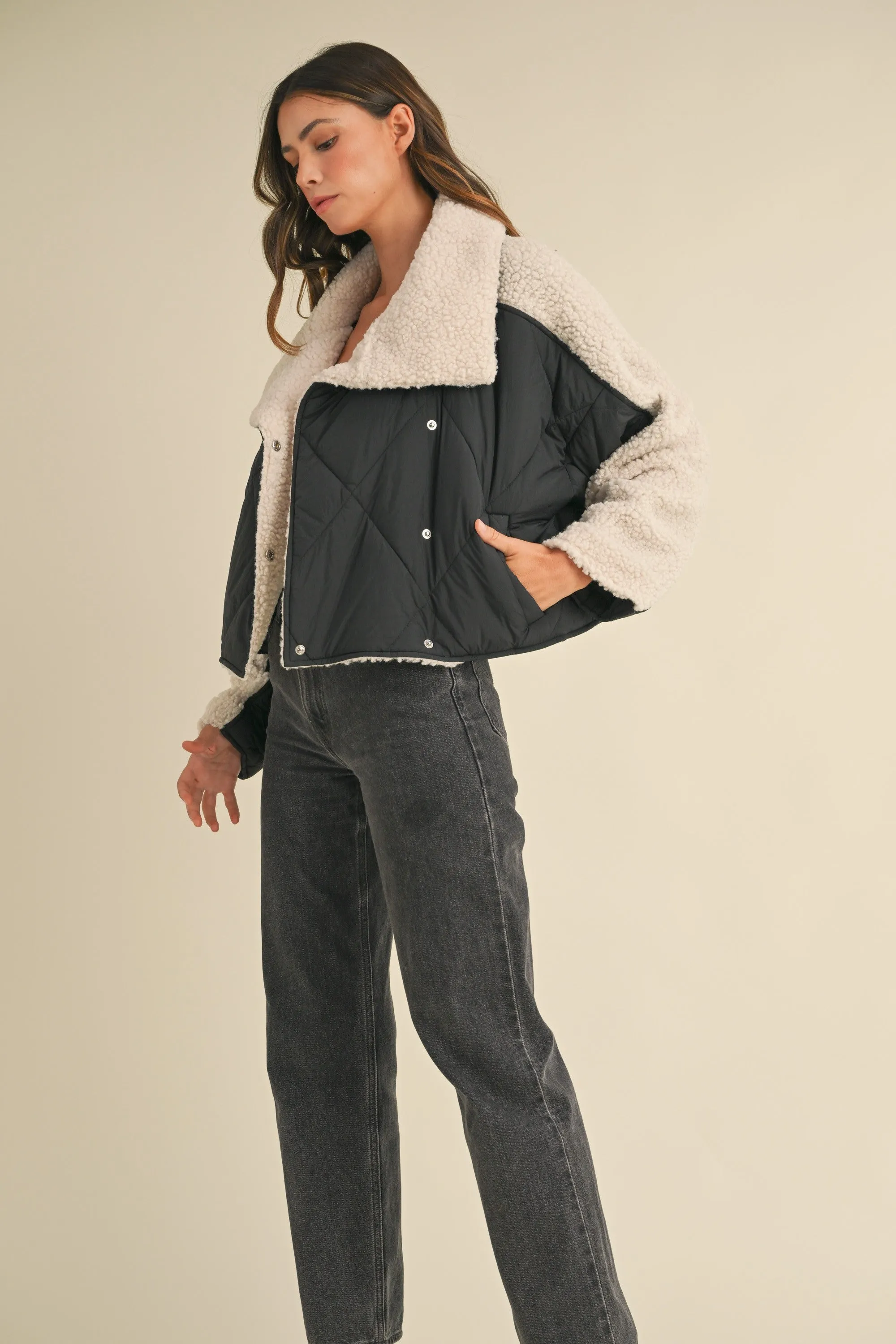 Jacey Quilted Jacket With Fluffy Shearling in Black