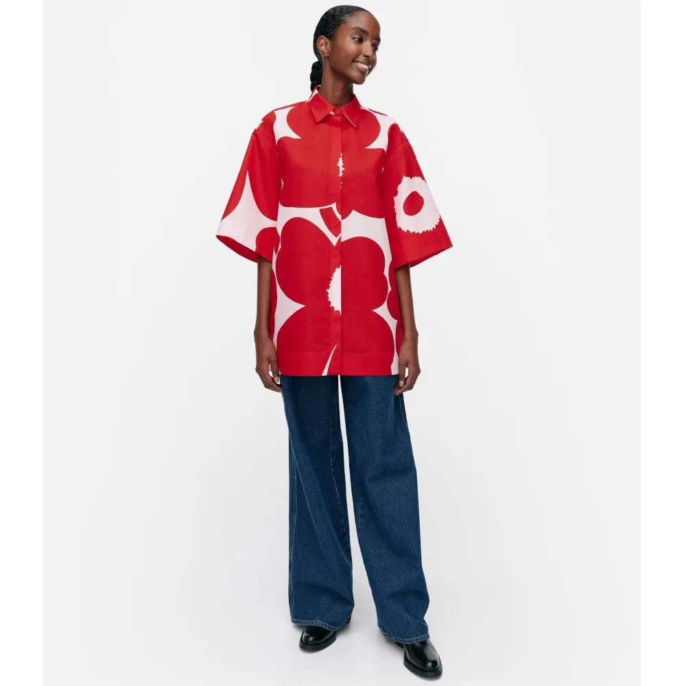 marimekko  |Flower Patterns Casual Style Linen Cotton Short Sleeves