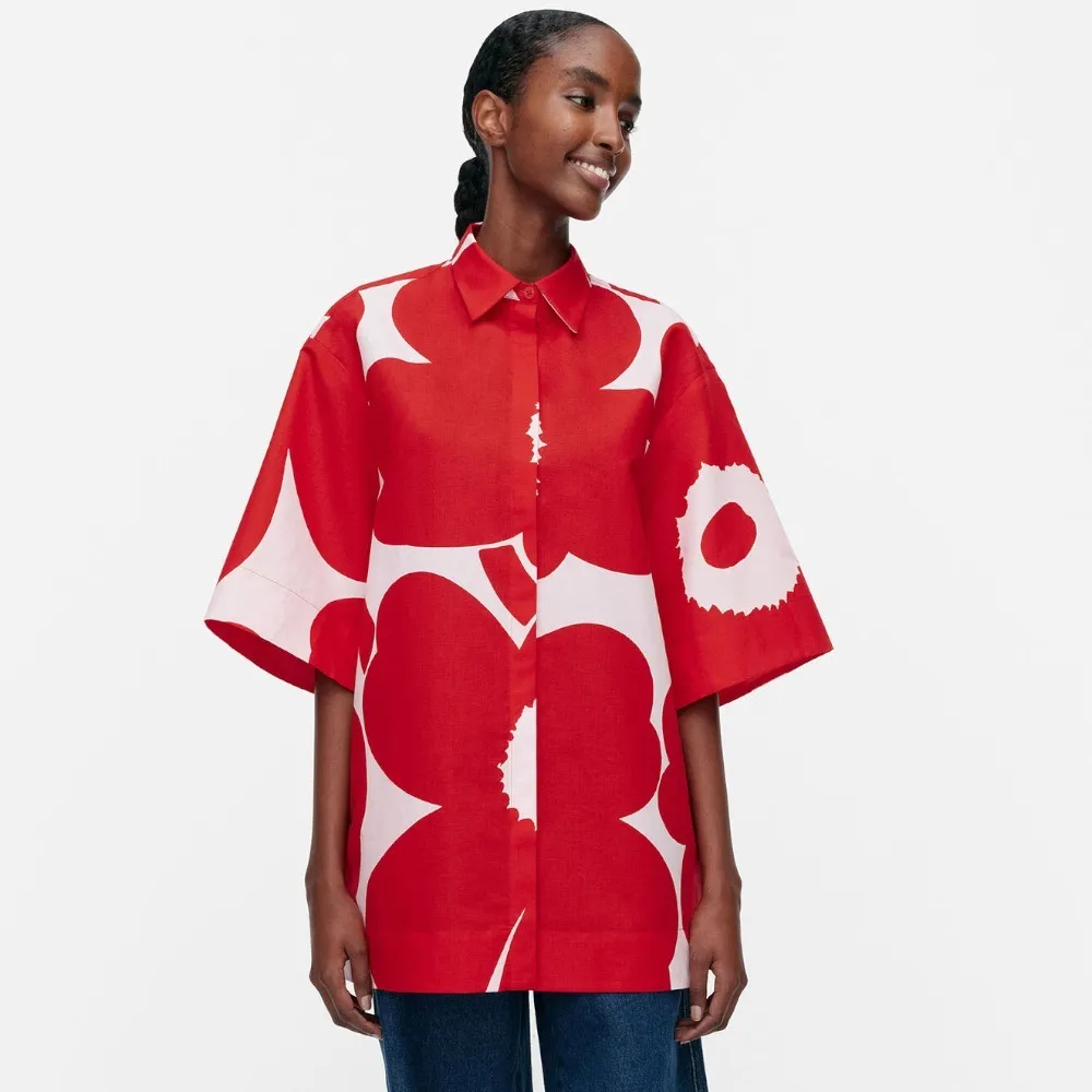 marimekko  |Flower Patterns Casual Style Linen Cotton Short Sleeves