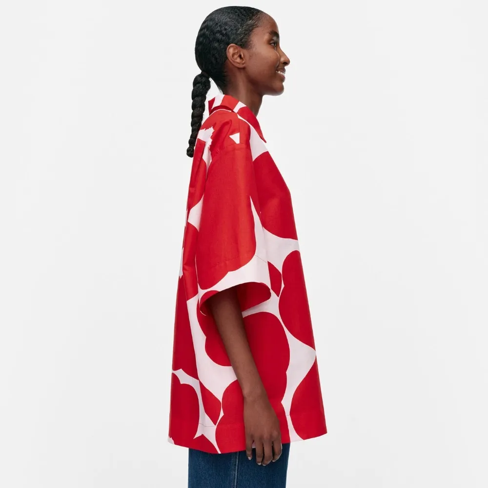 marimekko  |Flower Patterns Casual Style Linen Cotton Short Sleeves