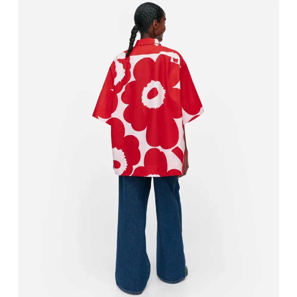 marimekko  |Flower Patterns Casual Style Linen Cotton Short Sleeves