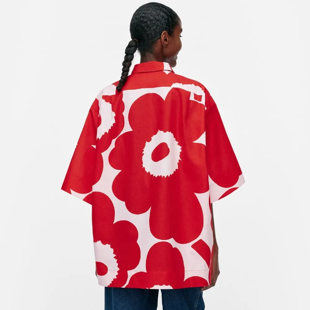 marimekko  |Flower Patterns Casual Style Linen Cotton Short Sleeves