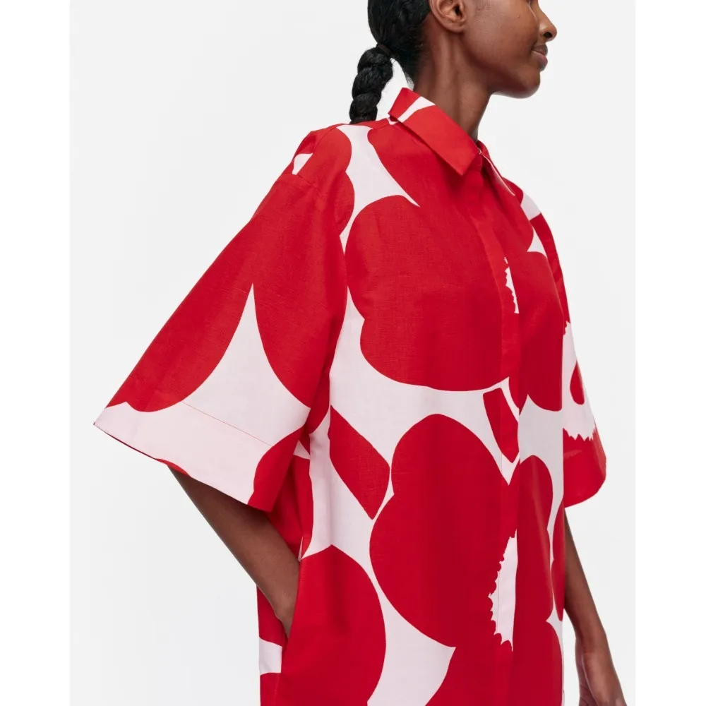 marimekko  |Flower Patterns Casual Style Linen Cotton Short Sleeves