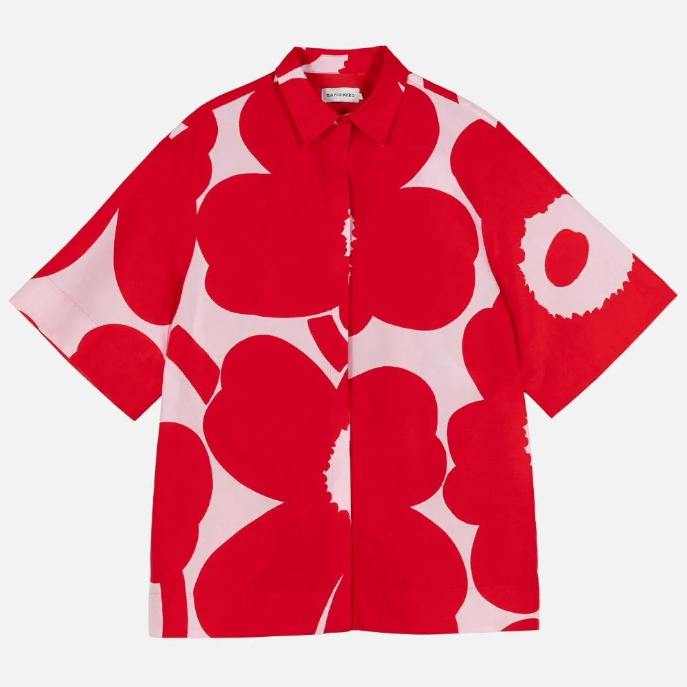 marimekko  |Flower Patterns Casual Style Linen Cotton Short Sleeves