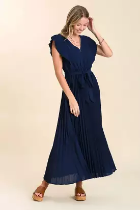 Navy Pleated Maxi Dress