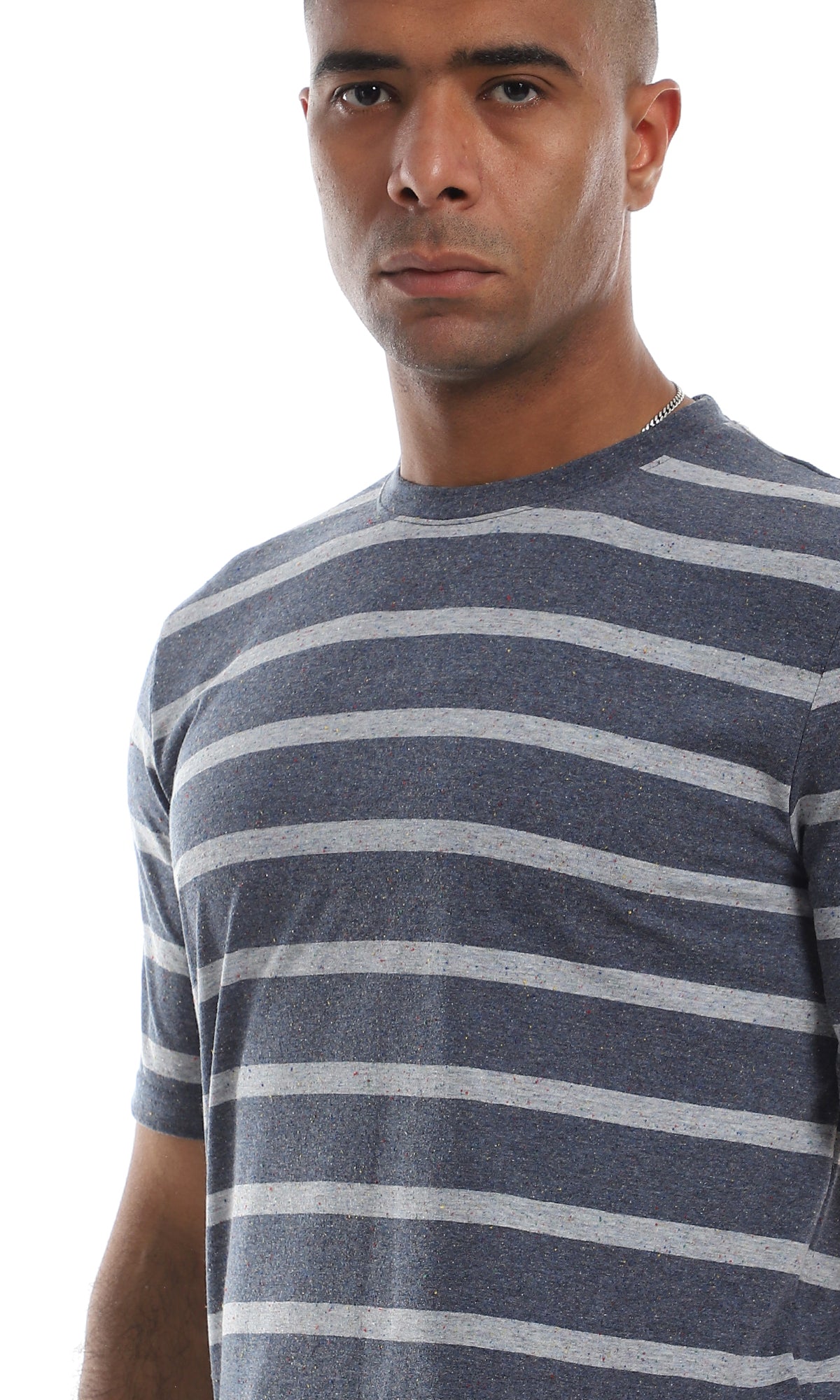 O164005 Striped Round Neck Short Sleeves Heather Navy Blue & Grey T-Shirt