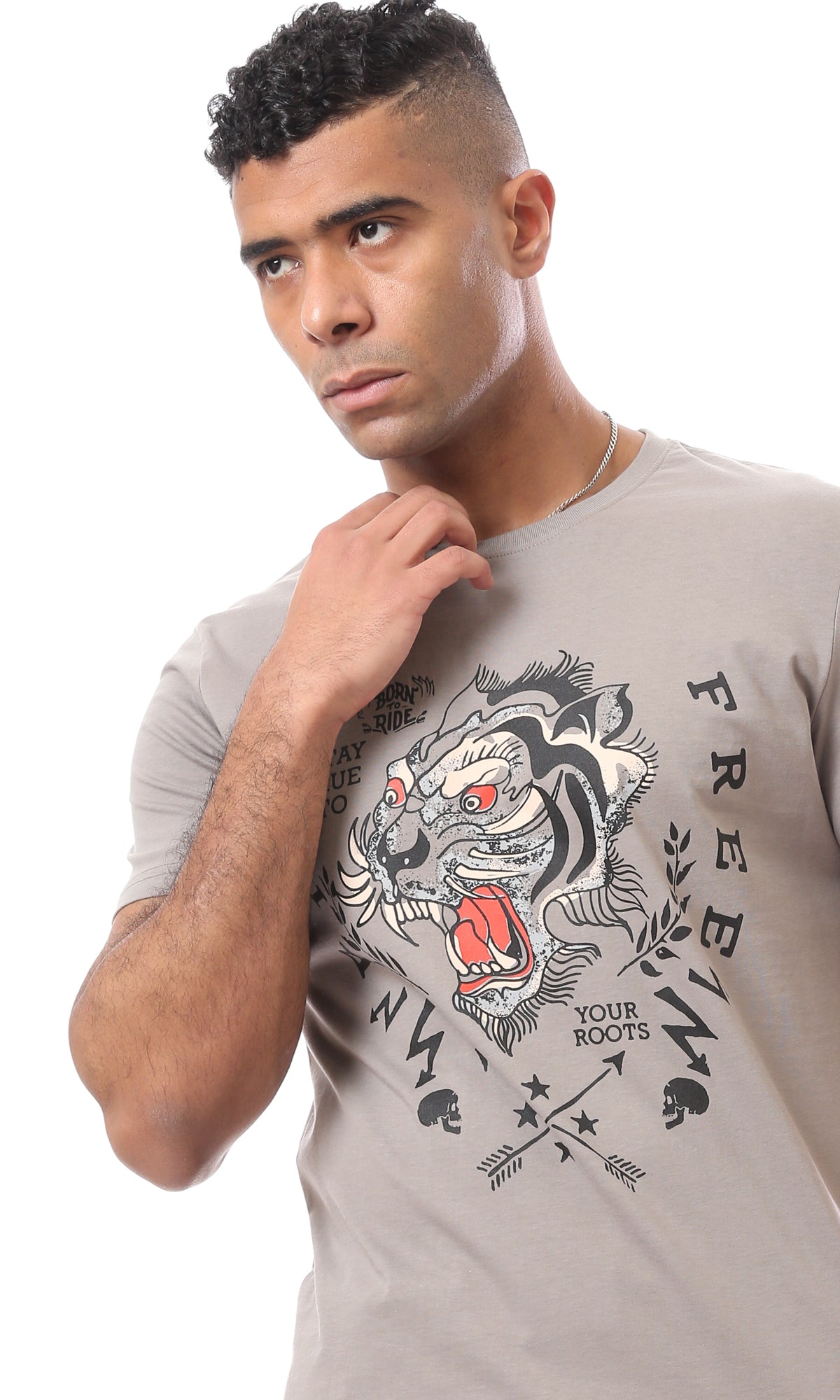 O167308 Tiger Ride Free Front & Back Printed Light Taupe Tee