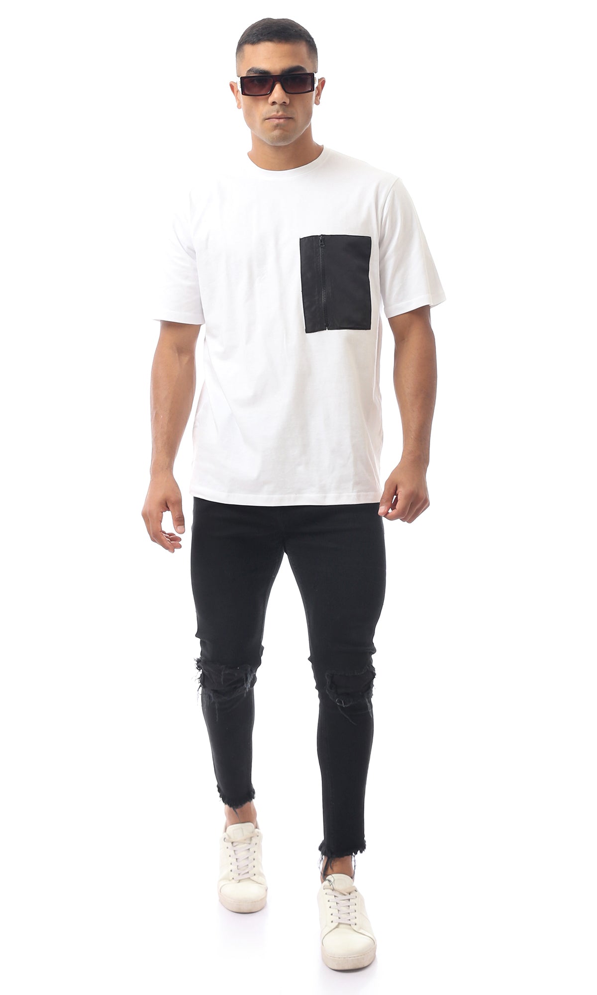 O170304 White Slip On Tee With Pocket & Zipper