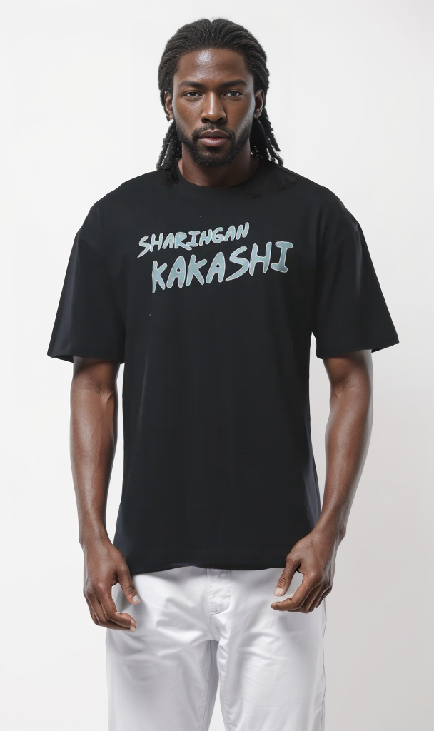 O178387 Sharingan Kakash Printed Animation Black Tee