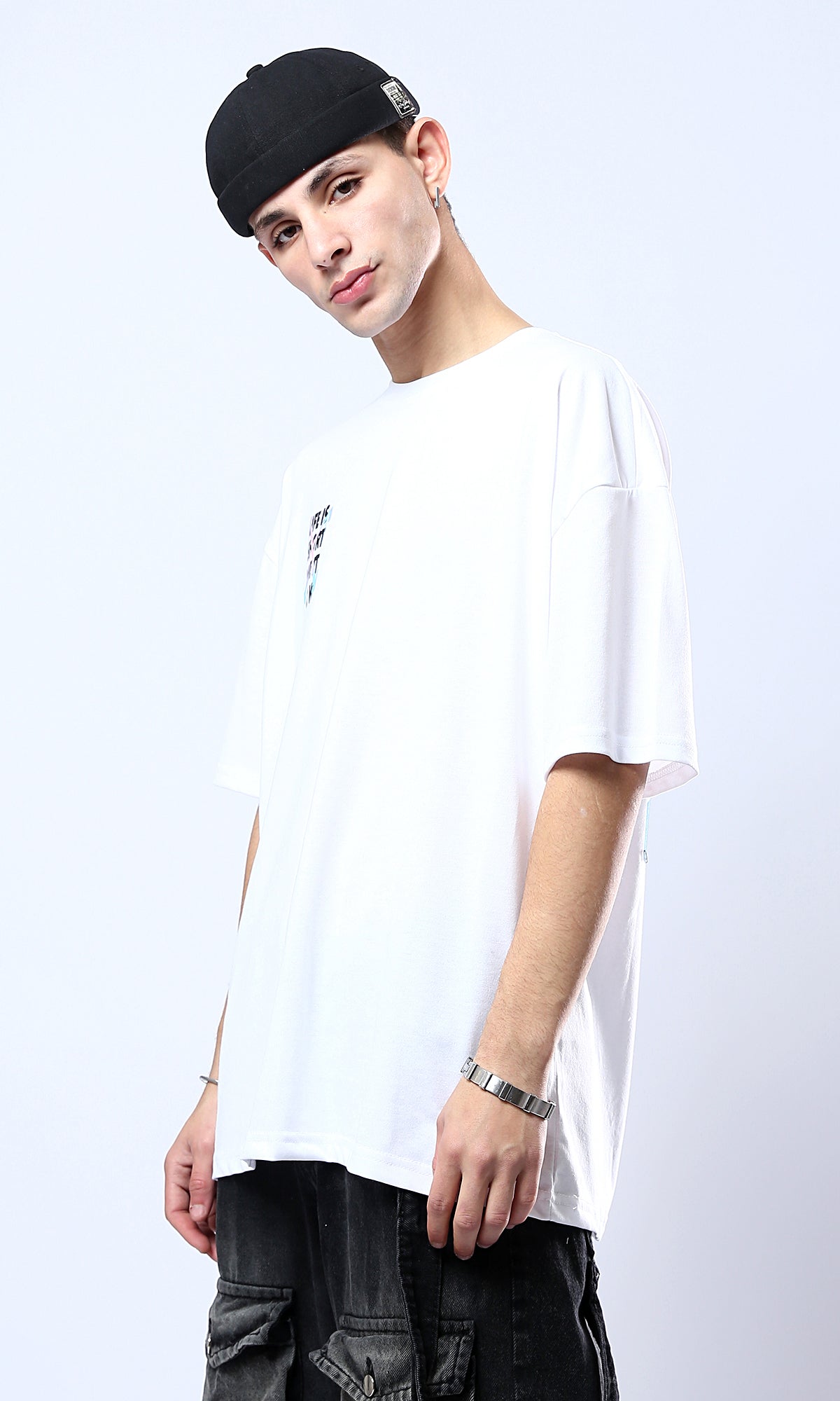 O178407 Slip On Crew Neck Printed White Tee