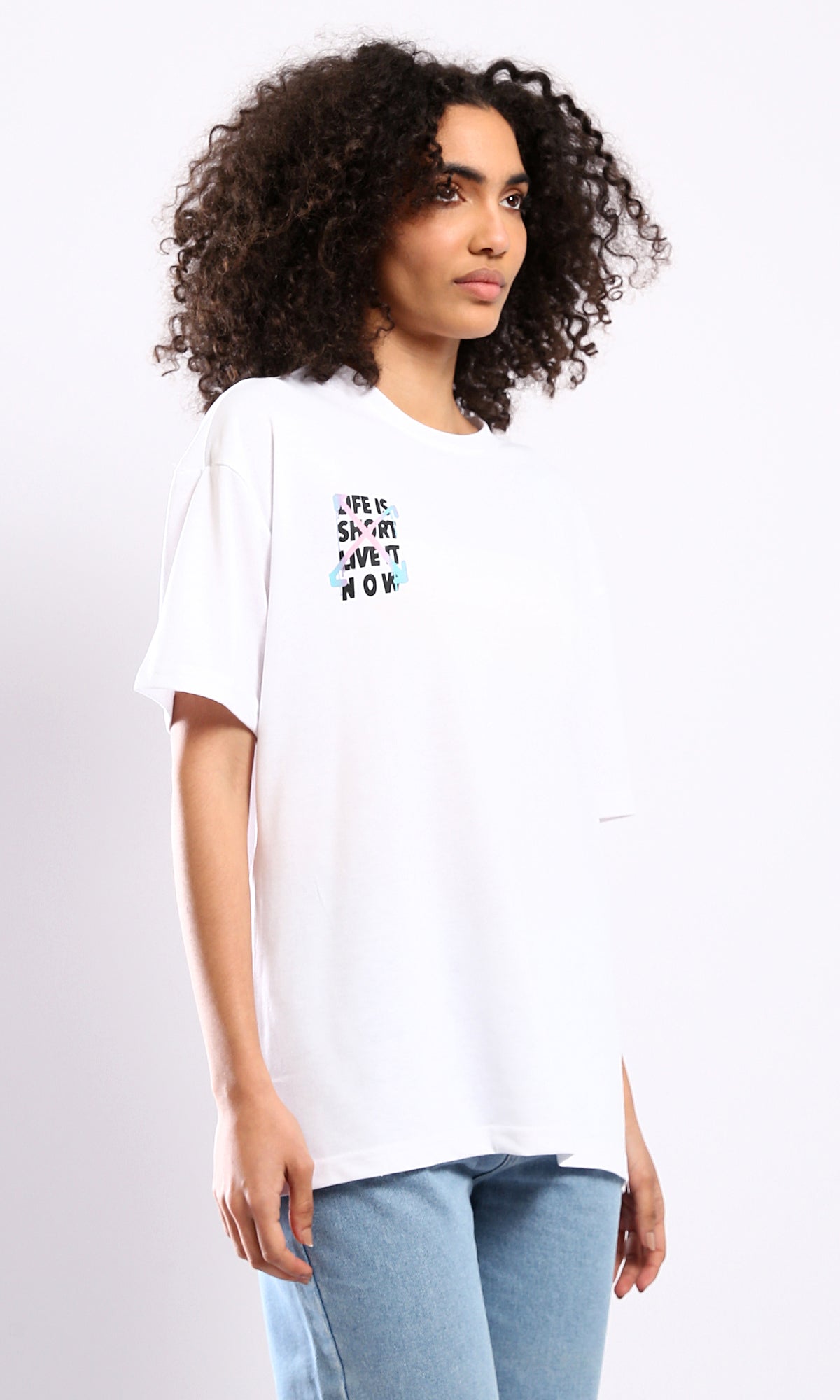 O178407 Slip On Crew Neck Printed White Tee