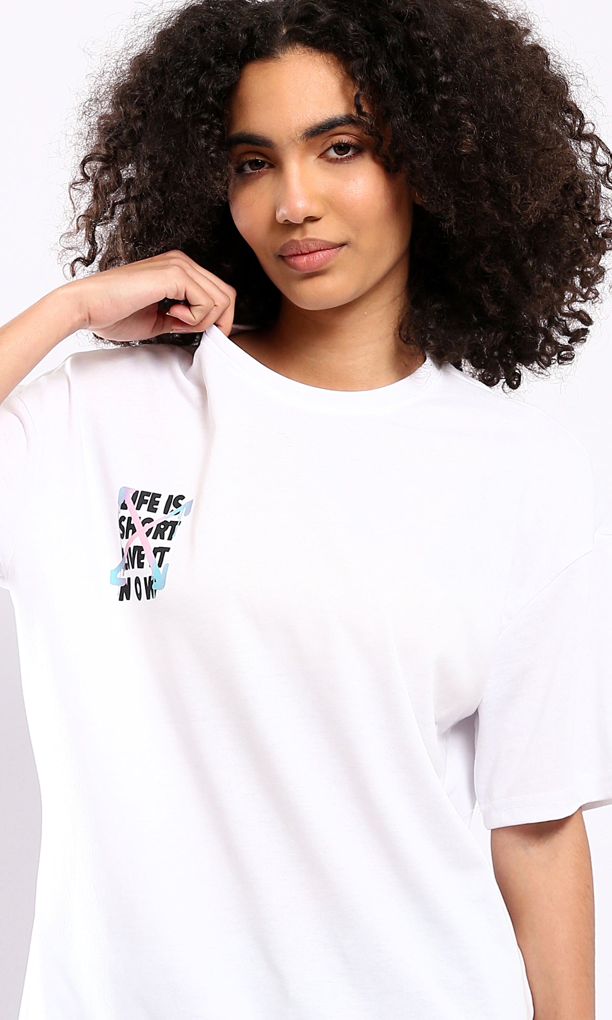 O178407 Slip On Crew Neck Printed White Tee