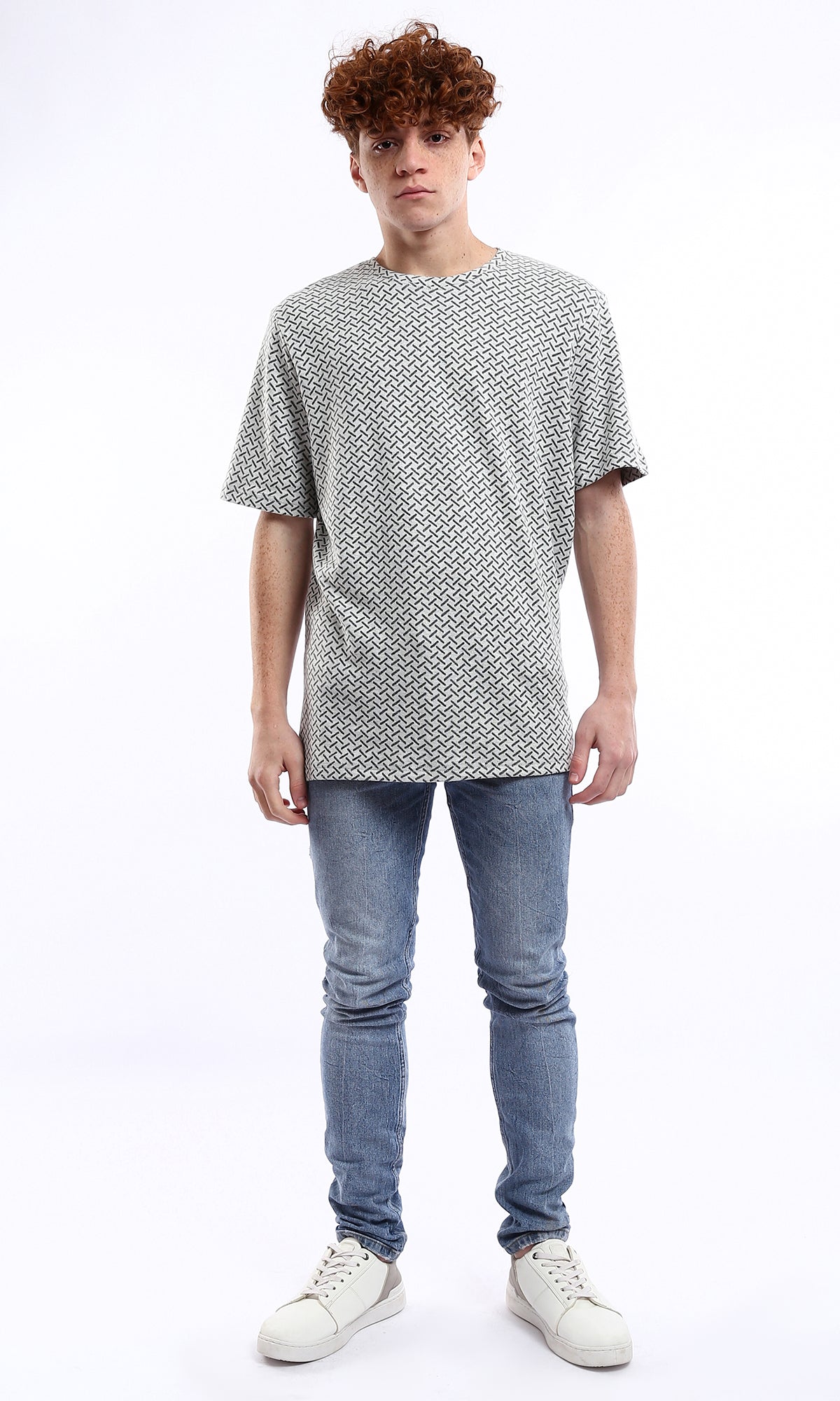 O178555 Medium-Weight Patterned Grey Casual Tee