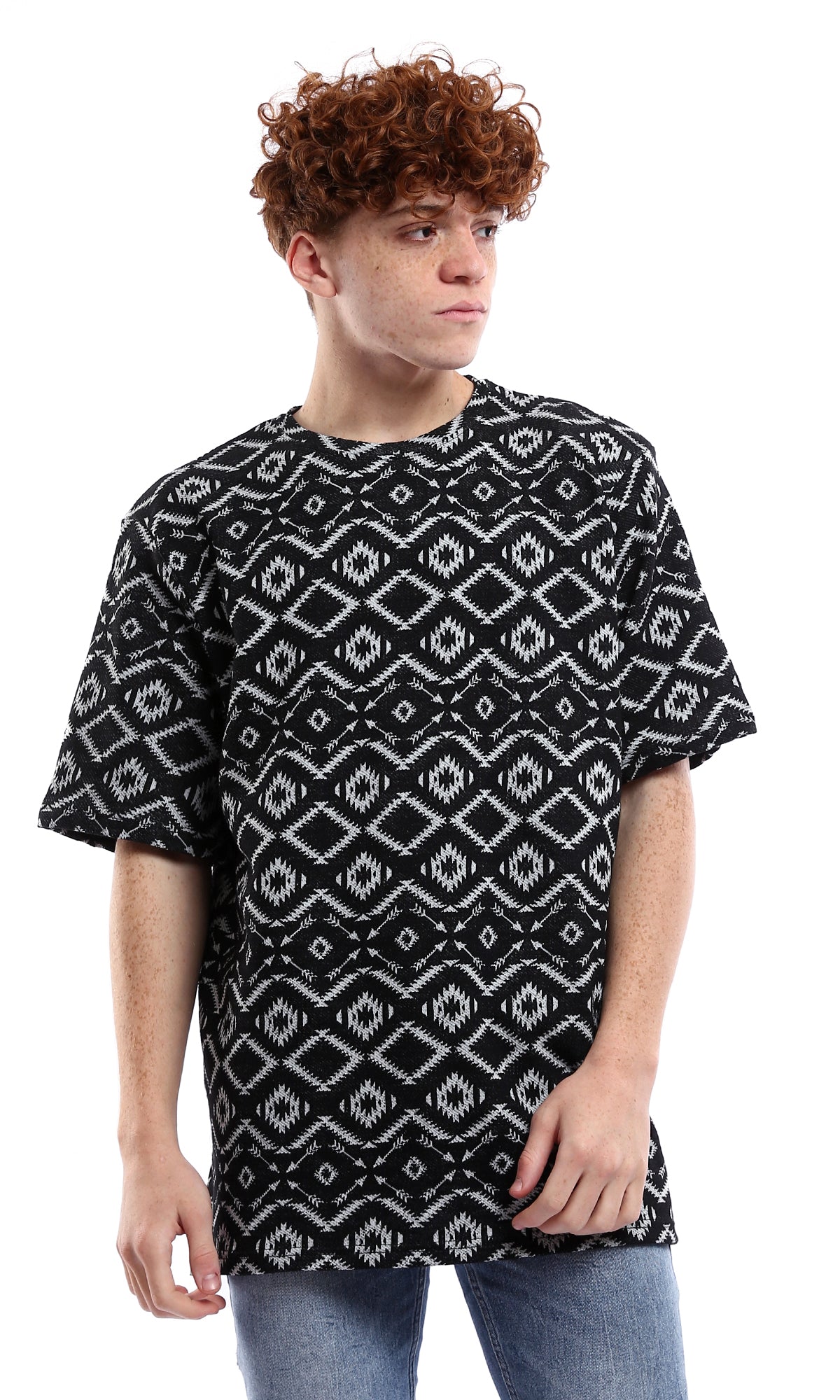 O178560 Short Sleeves Geometric Black & Grey Summer Tee