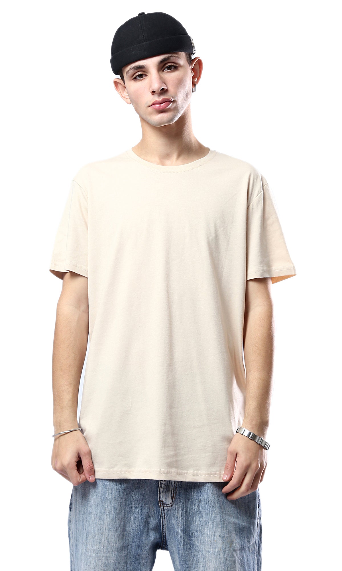 O178819 Beige Crew Neck Solid Basic Tee