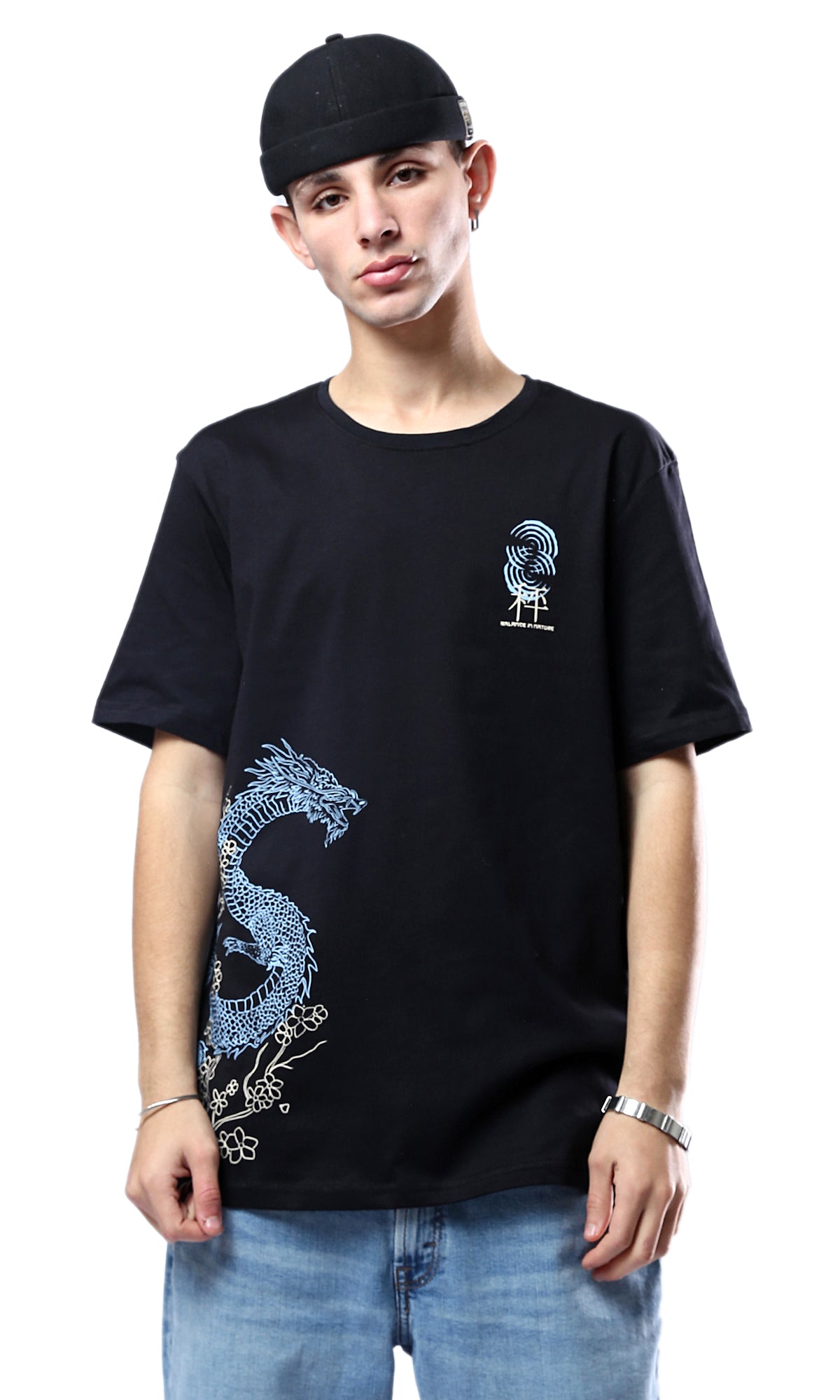 O178959 Black Crew Neck Tee With Printed Dragon