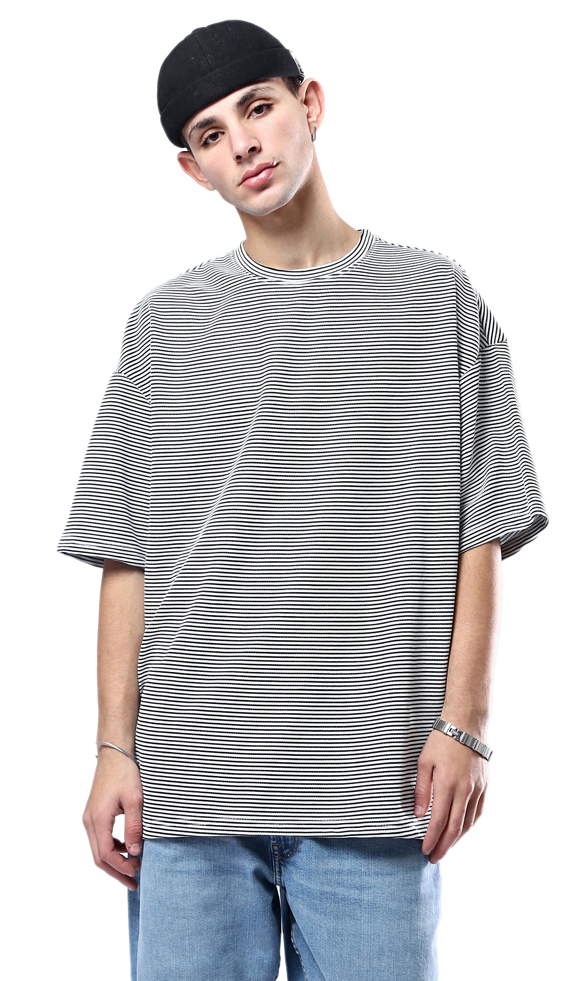 O180759 Relaxed Fit Striped Black & White Rayon Tee