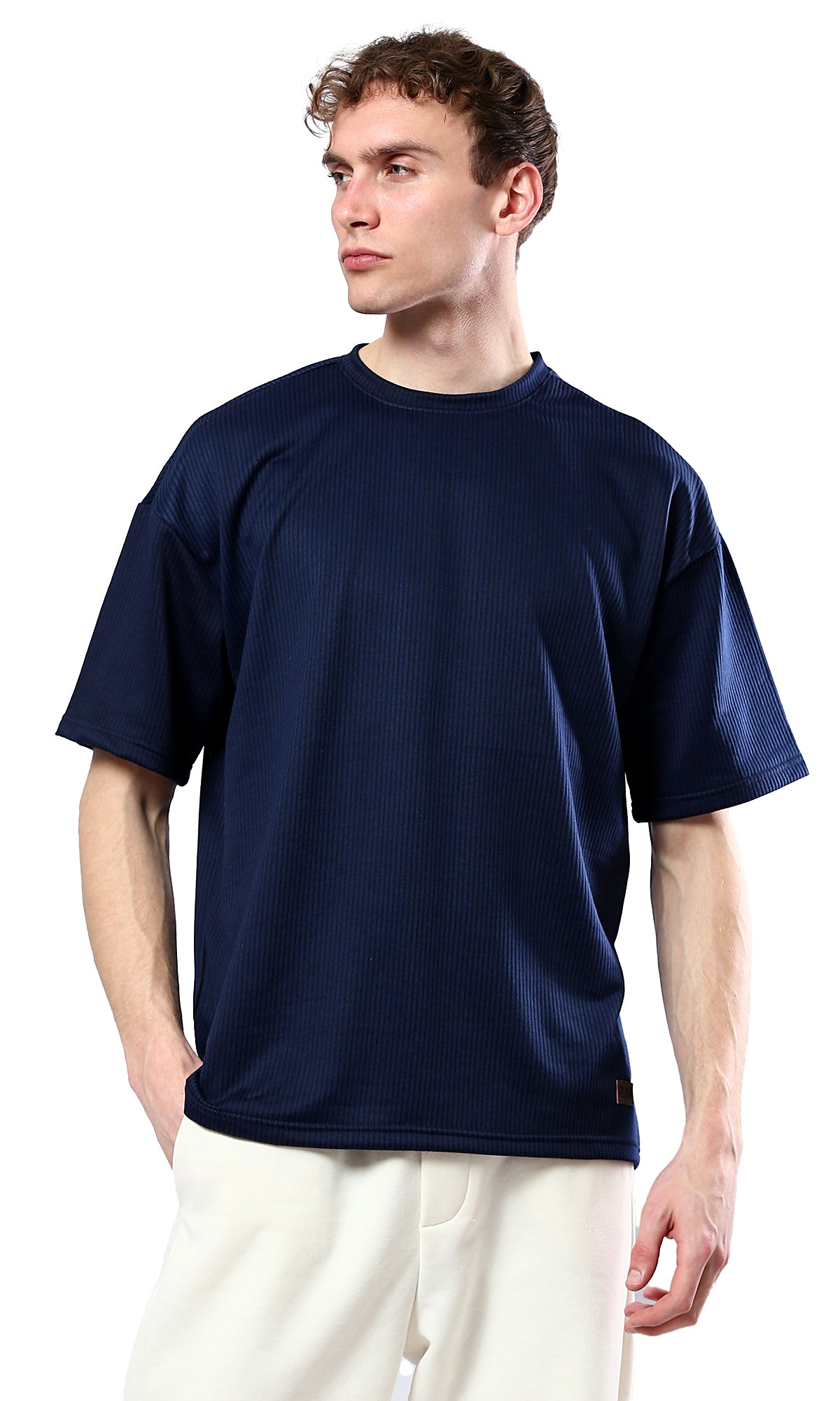 O180760 Short Sleeves All-Over Ribbed Navy Blue Tee