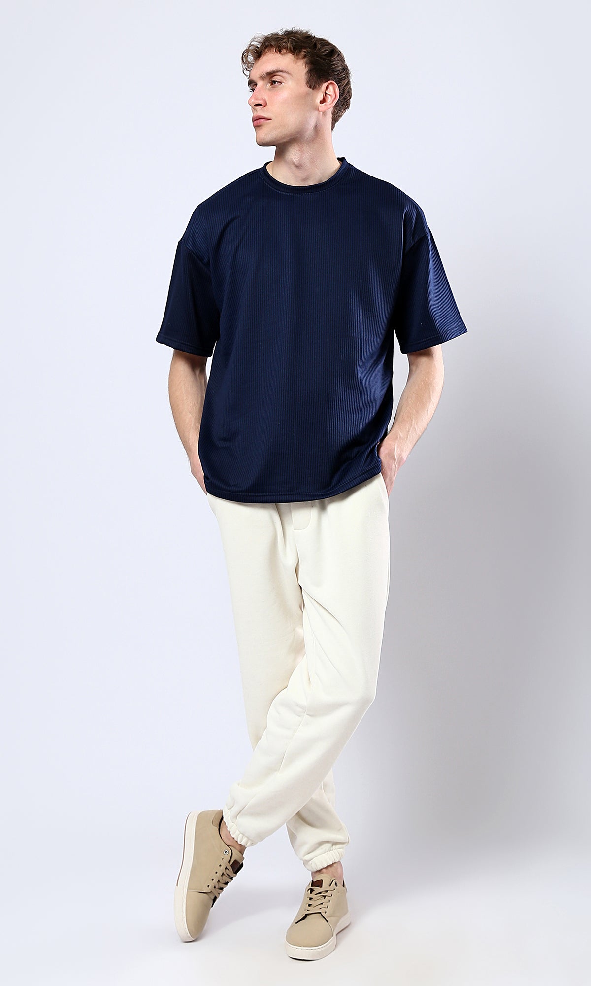 O180760 Short Sleeves All-Over Ribbed Navy Blue Tee