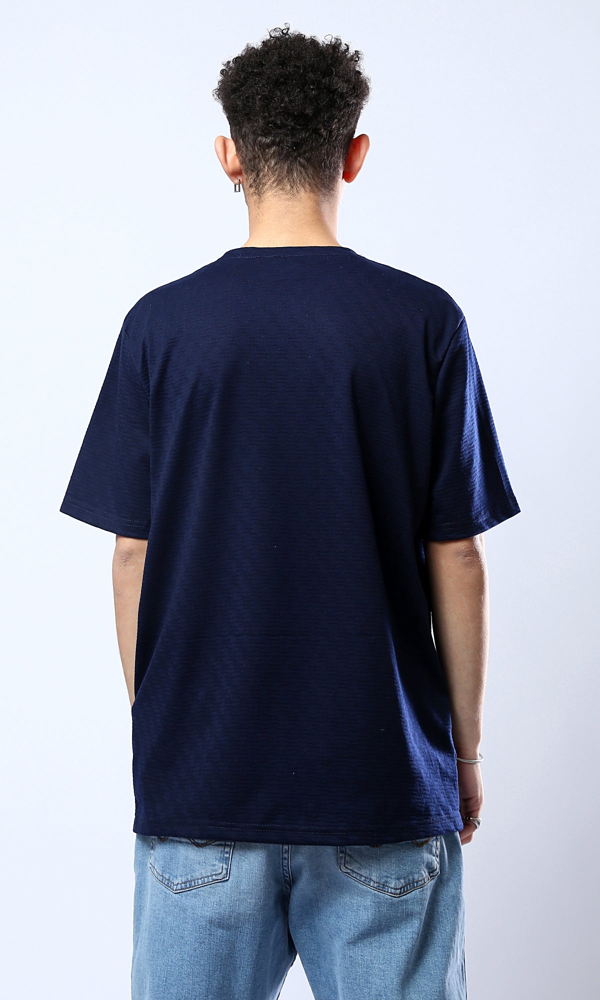 O180764 Elbow-Sleeves Crew Neck Navy Blue Tee