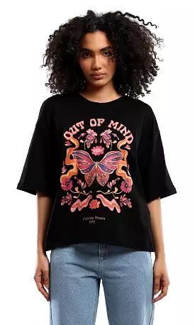 O181668 Out Of Mind Colorful Print Black Relaxed Fit Tee