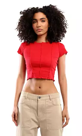 O182022 Red Ribbed Cropped Top With Round Neck