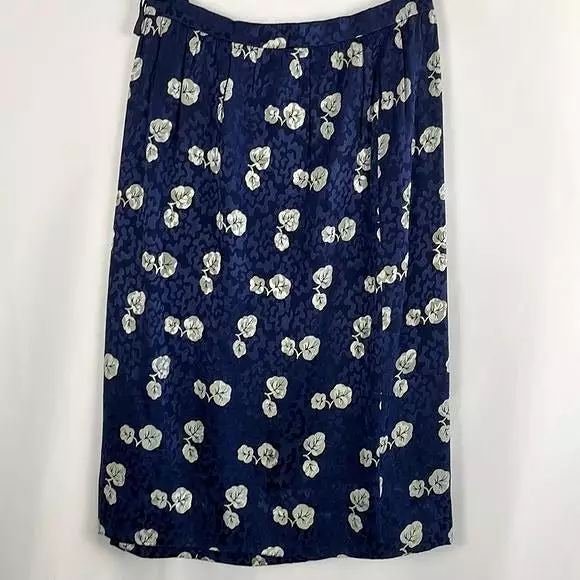 Oscar De La Renta Navy Floral Midi Silk Vintage  Skirt