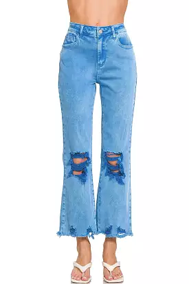 Posey High Waist Destroyed Acid Wash Pants in Ocean Blue