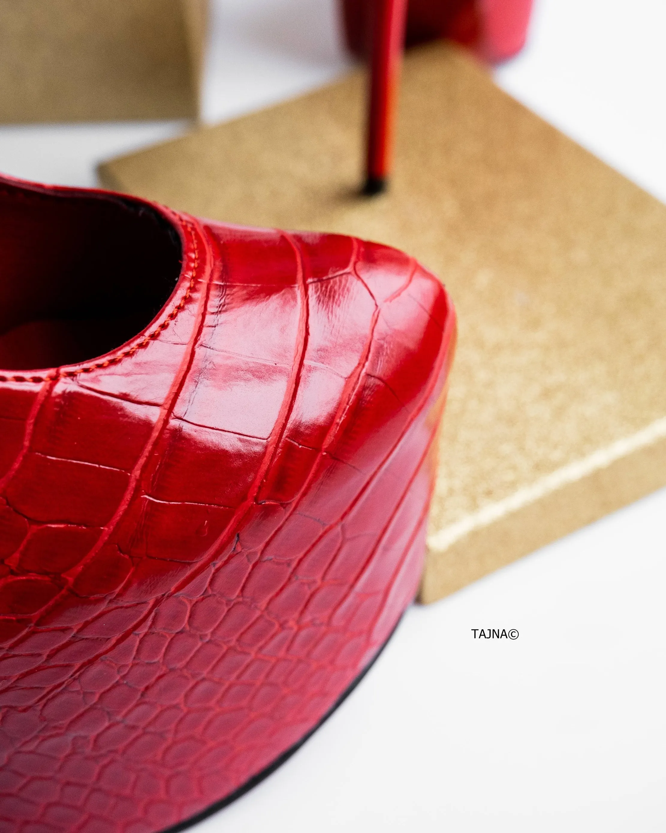 Red Suede Croco Detail High Heel Pumps