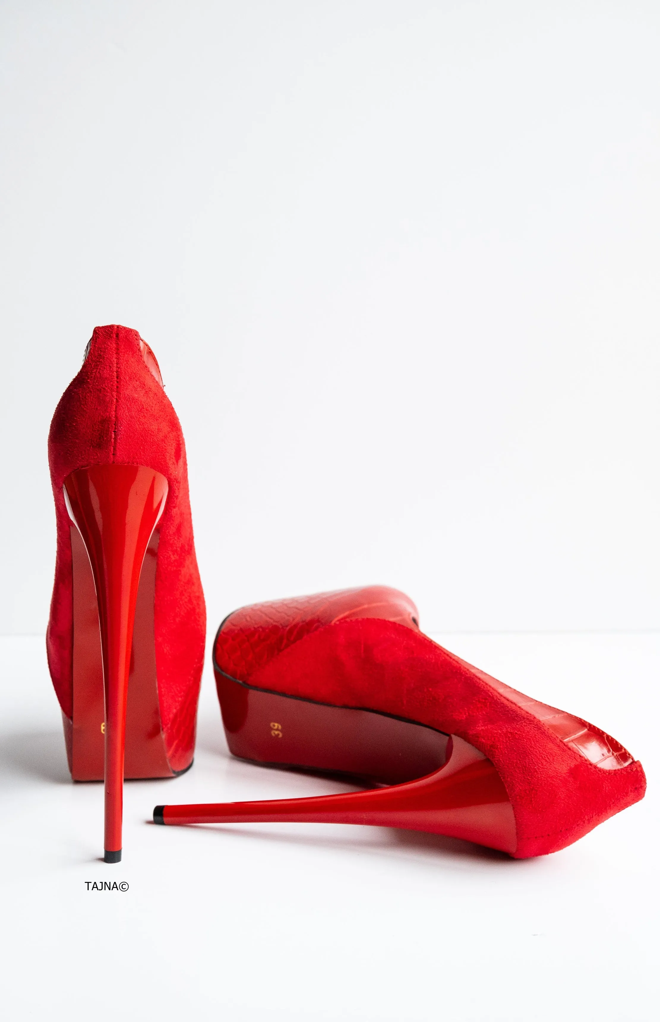 Red Suede Croco Detail High Heel Pumps