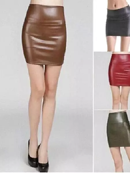 Sexy High Waist Faux Leather Pencil Skirt - Black/Red/Brown