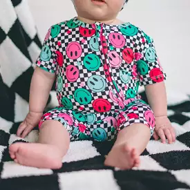 SHORTIE ZIP ROMPER - Pink Check Smile